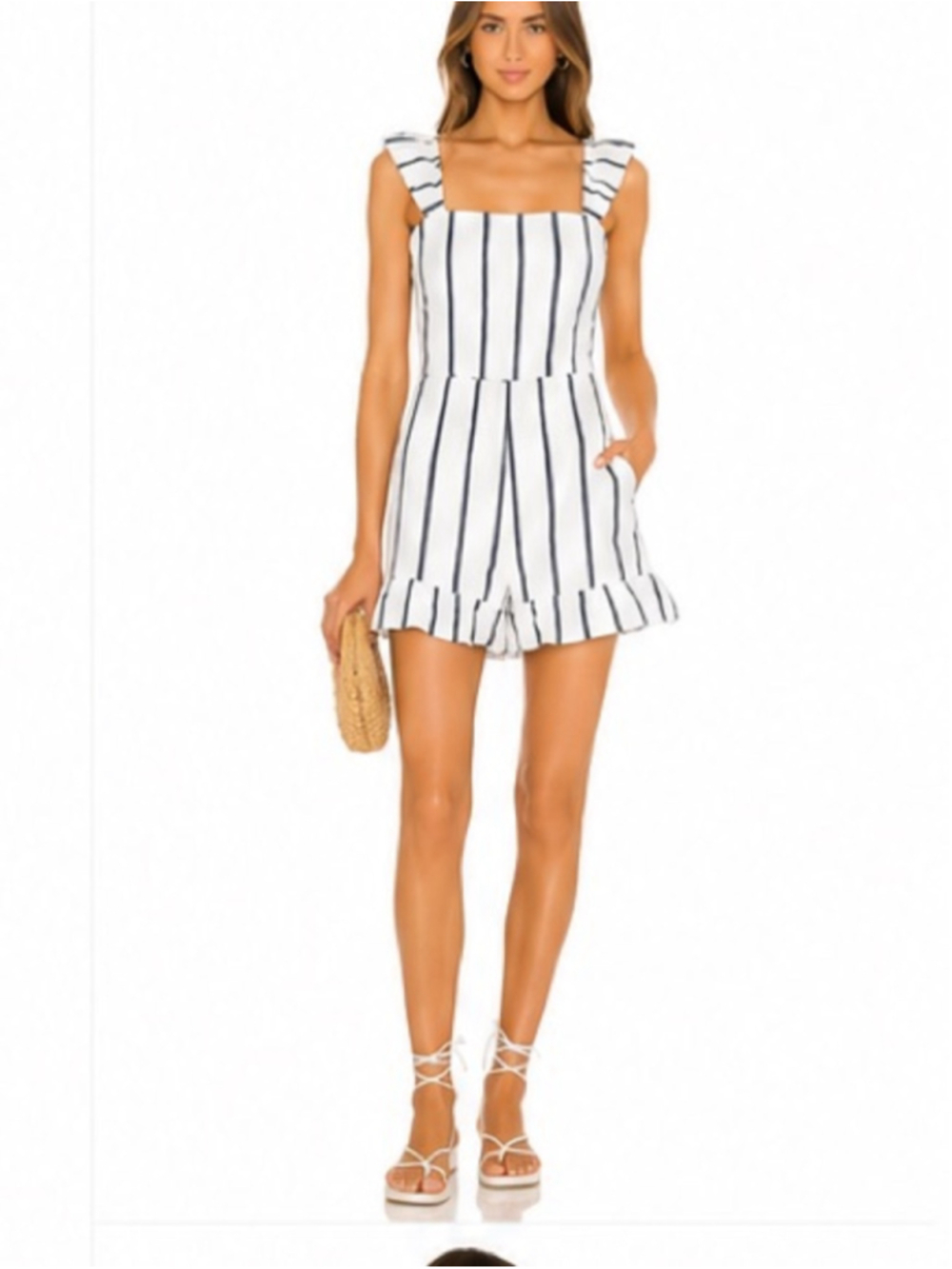 INTERMIX Striped Linen Blend Ruffle Hem Romper Size 2